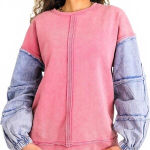 Trendy Pink Top with Denim Sleeves